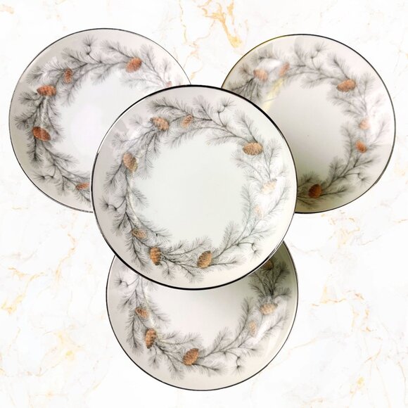 4 Sango Sierra Pines Salad/Soup Bowls 7.5 In Vintage Japan Set Platinum Rim - Picture 3 of 6